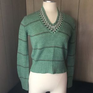 Vintage Garland Vneck green sweater with border 1974
